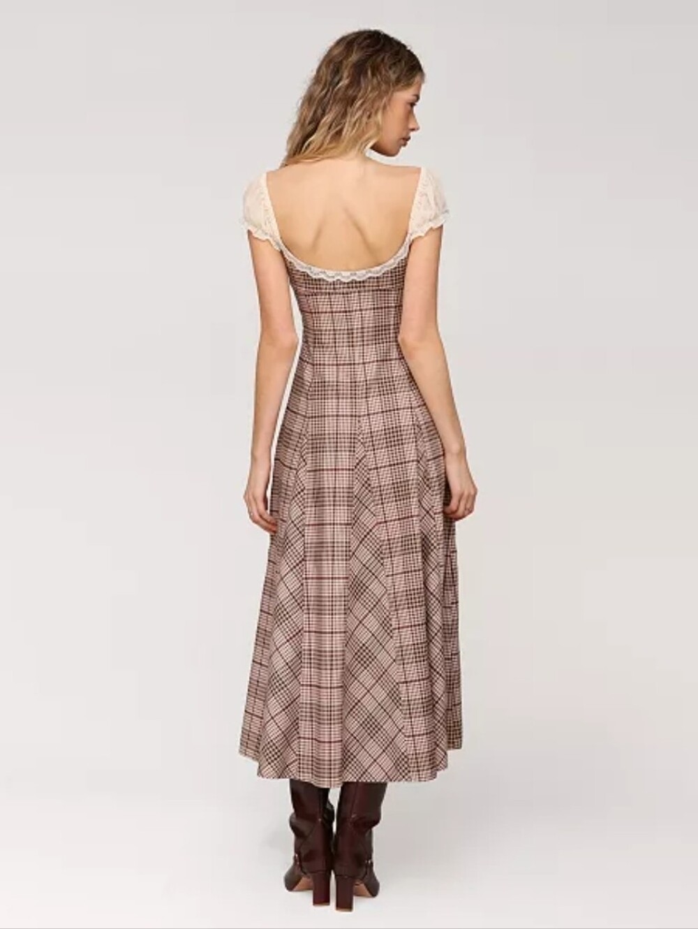 Brown Plaid Puff-Sleeve Maxi Dress with Lace Trim - Picture 8 of 8